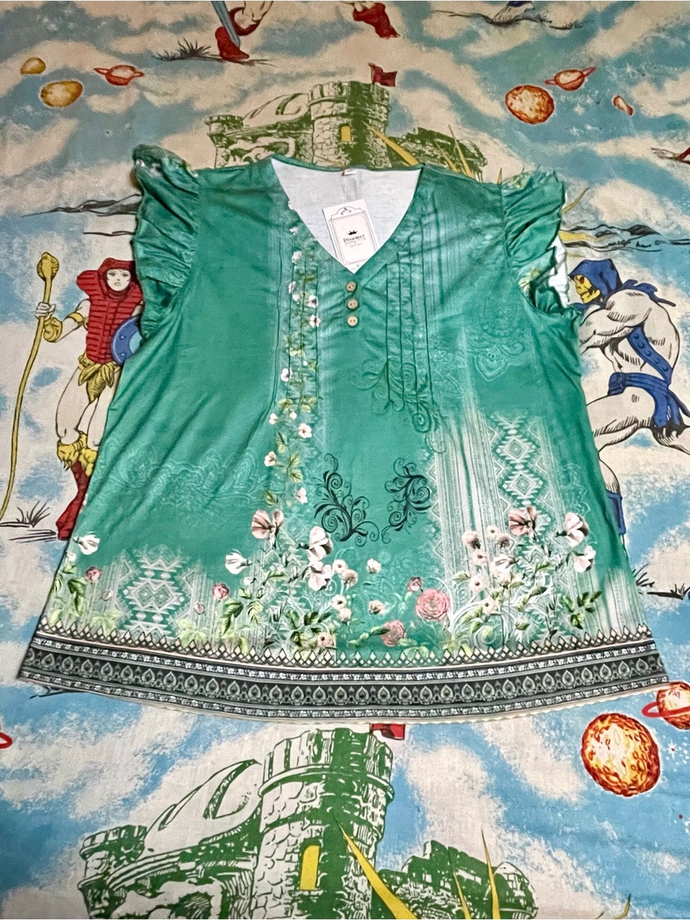 Women's Floral V-Neck Green & Pink Tunic Top Ruffled Sleeves XL